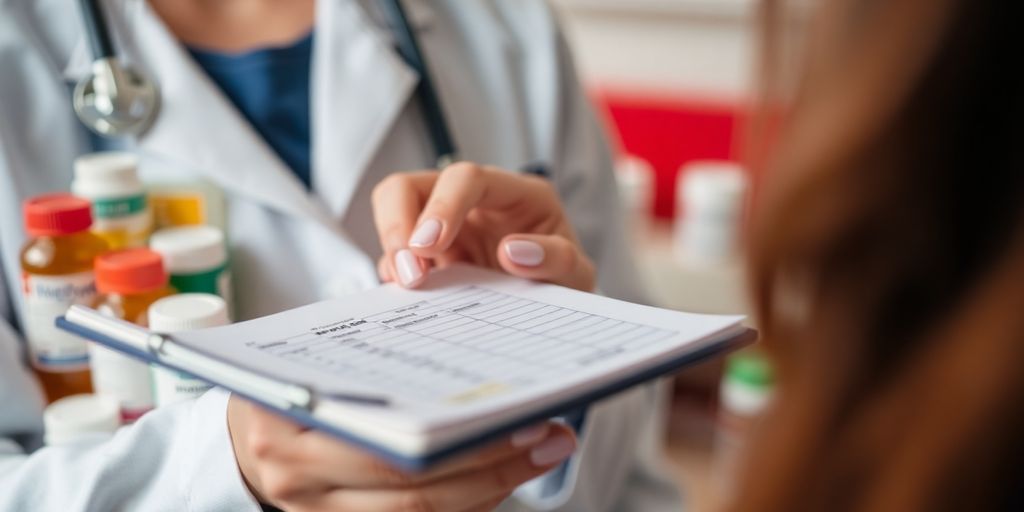 Healthcare professional with medication and prescription pad.