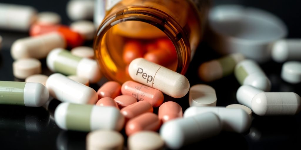 Pill bottle and Pep medications on a blurred background.