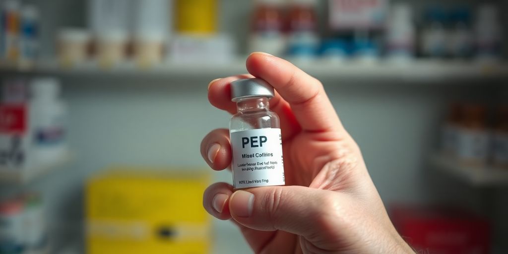 Close-up of PEP medication and syringe in pharmacy.