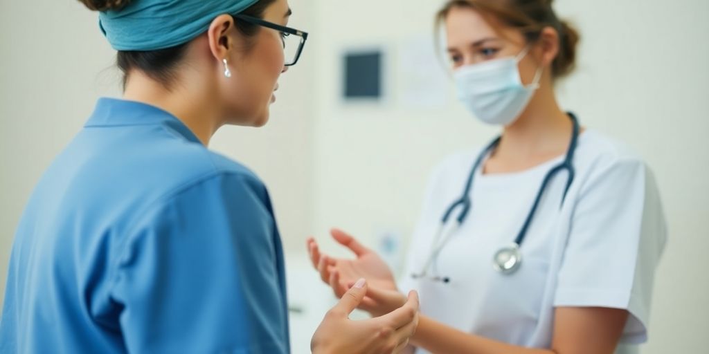 Healthcare professional counseling a patient in a clinic.
