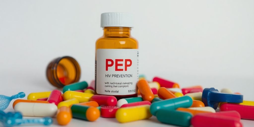 Bottle of PEP medication with pills and condoms.