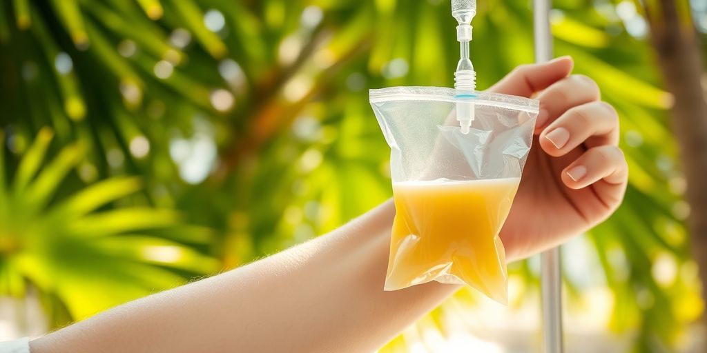 IV drip in arm, tropical background.