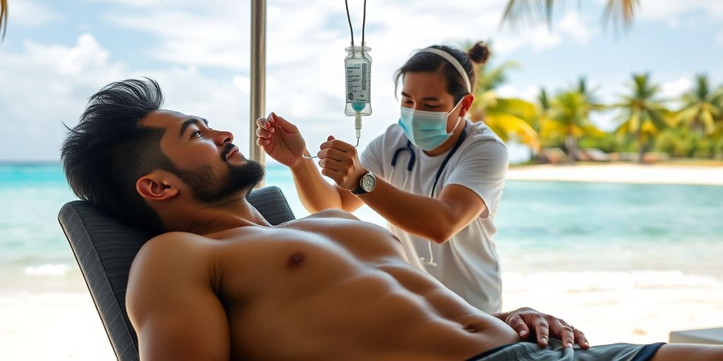 Athlete receiving IV therapy, Phuket beach background.
