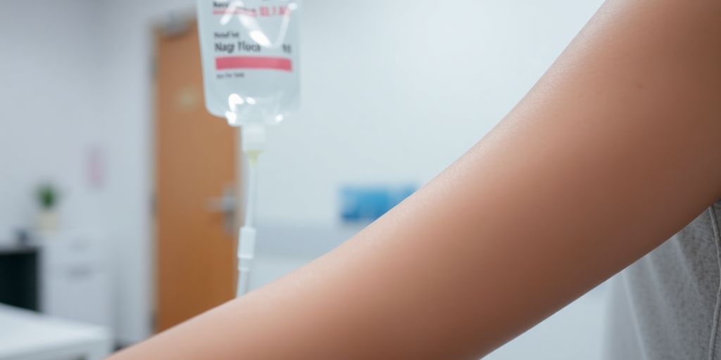 Close-up arm IV drip in Thai clinic.