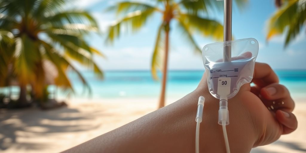 Person receiving IV drip, beach in background.