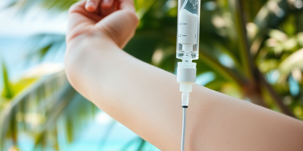 Woman receiving IV drip, tropical blur background.