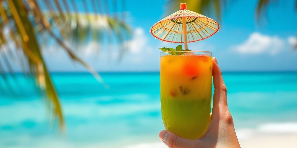 Person relaxing on beach, tropical drink.
