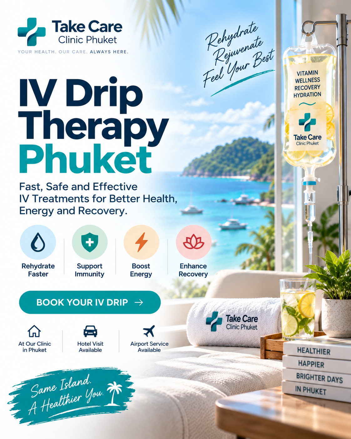 Take Care Clinic Phuket IV drip therapy: rehydrate, rejuvenate, feel your best, overlooking the Andaman Sea